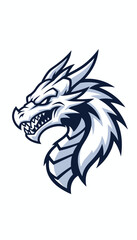 Fototapeta premium A fierce white dragon head with sharp teeth and a menacing expression, depicted in a stylized, graphic art style.
