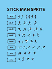 Stickman Sprite Sheet &ndash; Walk, Run, Attack, Roll, Jump Animation Set
