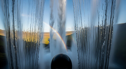 Drone Perspective of a Waterfall from Behind the Water Curtain