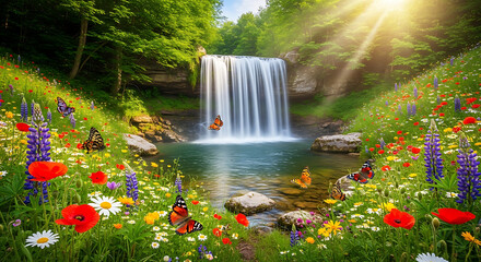 Aerial Perspective of a Waterfall in a Sunlit Forest Clearing