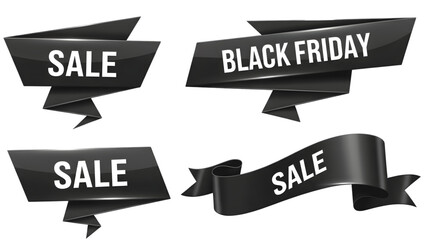 Dynamic black sale banners and Black Friday ribbons create a sense of urgency for your next promotional campaign.