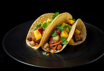 Chicken Tacos with Mango, Salsa and Fresh Cilantro on Black Plate