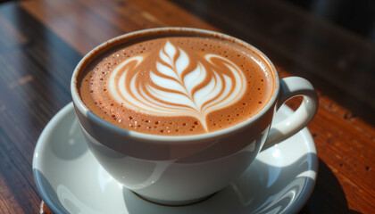 Cup of cappuccino with latte art featuring leaf design, displayed elegantly on rustic wooden table. Cup of cappuccino showcases delicate latte art with leaf motif, inviting a moment of warmth.