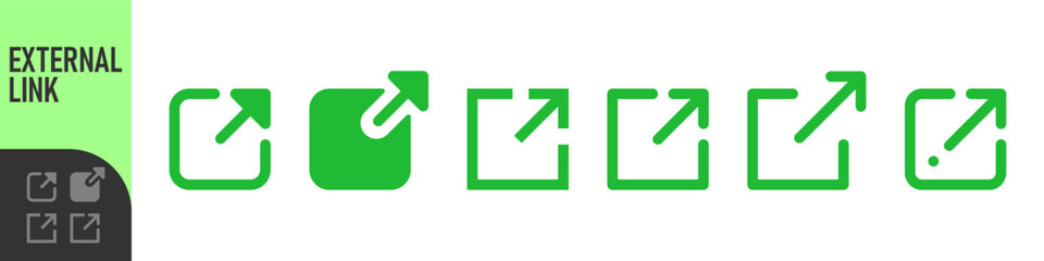 External link icon set. open in new window icons in various color styles with arrow and square shapes. Ideal for web design, hyperlinks, UI interfaces, navigation, and digital connection concepts