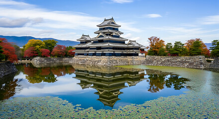 Aerial View of Matsumoto Castle Black Crow and Autumn Foliage