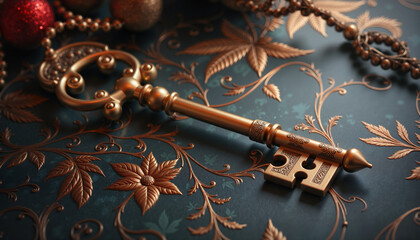 Antique key with ornate detailing on a decorative surface creates an eye catching scene. Antique key casts shadows, adorned with Christmas ornaments, reflecting light, embodying timeless charm.
