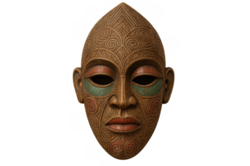 Tribal ritual mask displaying ethnic wood carving and symbolic patterns on a transparent background