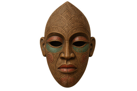 Tribal ritual mask displaying ethnic wood carving and symbolic patterns on a transparent background
