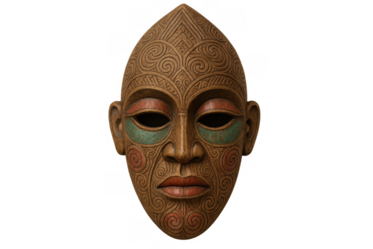 Tribal ritual mask displaying ethnic wood carving and symbolic patterns on a transparent background
