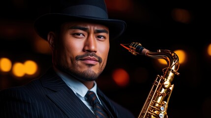 Stylish man in a hat holding a saxophone in warm jazz-club lighting, symbolizing classic music, nightlife ambience and artistic performance. Ideal for music ads and event promotions