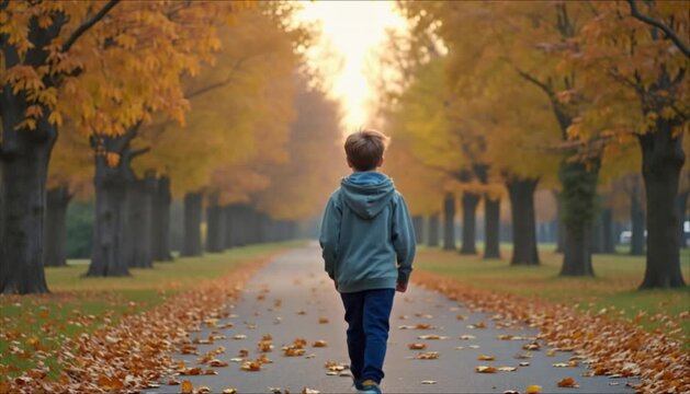 Boy walking along tree-lined path in autumn leaves with hoodie  