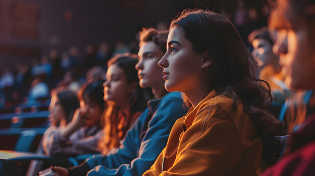 A group of people are seated in an auditorium, focused forward.  The foremost individual wears a yellow jacket.  Soft lighting illuminates the scene.