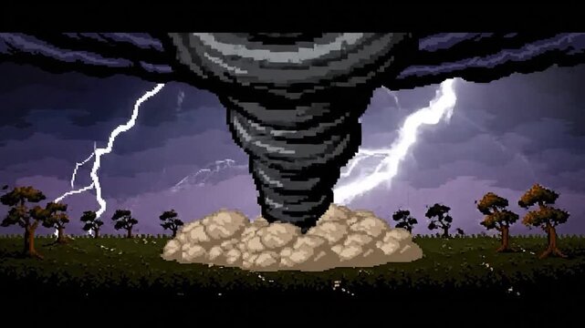 Pixelated artwork depicts a powerful tornado with lightning and trees under a dark, stormy sky