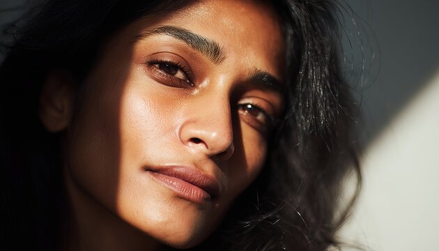 Intimate close-up of a woman's face, illuminated by natural sunlight, highlighting her expressive eyes and smooth skin.