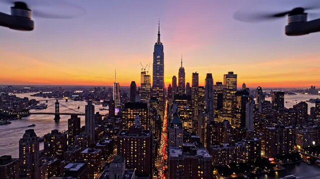 Skyline at sunset, vibrant cityscape with glowing lights, urban serenity during golden hour, perfect for New Year's Eve reflections