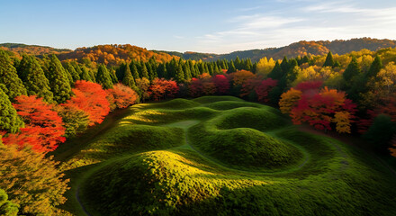 Aerial Shot of Sakurayama Park Moss Phlox and Autumn Contrast