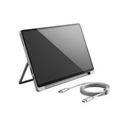 Sleek tablet with stand and cable for modern office