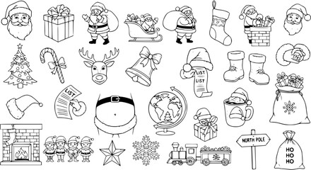 Black and white hand-drawn Christmas themed icons, illustrations, and elements collection including Santa Claus, gifts, reindeer, tree, and more, perfect for holiday designs.