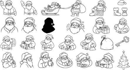 Christmas Santa Claus Line Art Icons - Festive Holiday Character Illustrations