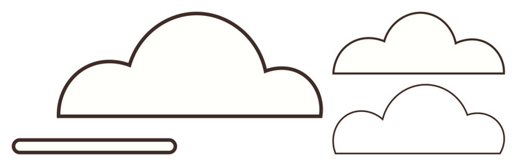 Three cloud outlines in varying sizes paired with a thin flat ground, emphasizing clarity and simplicity. Ideal for weather, sky, nature, minimalist design, calm, serenity, simple flat metaphor