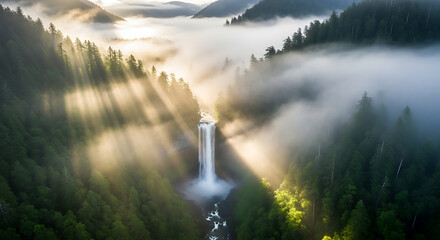 Foggy Waterfall in a Temperate Rainforest with Sunbeams Drone Shot