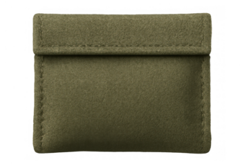 Green suede pouch with flap closure for storing jewelry or small items, soft fabric accessory on transparent background