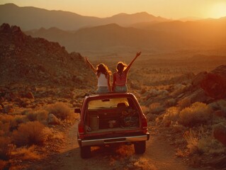Two happy friends celebrating freedom atop a car, watching the golden sunset in a desert landscape