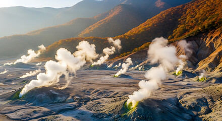 Drone View of Unzen Hell Volcanic Area and Autumn Tree Line