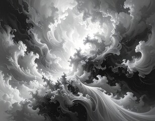 A grayscale image features a celestial design, swirling ethereal formations, hinting at energy and light radiating through abstract shapes
