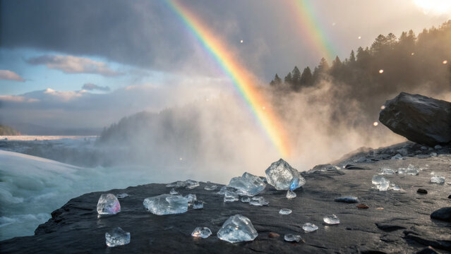 Breathtaking view of a double rainbow over a waterfall with ice formations, showcasing natures beauty and the magic of light refraction