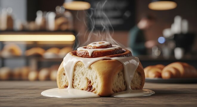 Delicious Steaming Cinnamon Roll with Cream Cheese Frosting