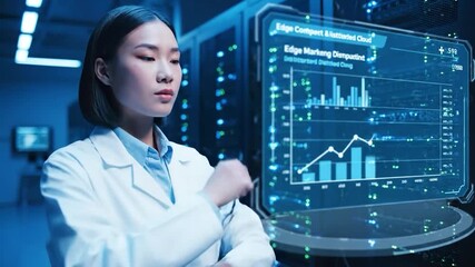 A scientist in a lab coat adjusts glasses, studying complex data on a holographic display