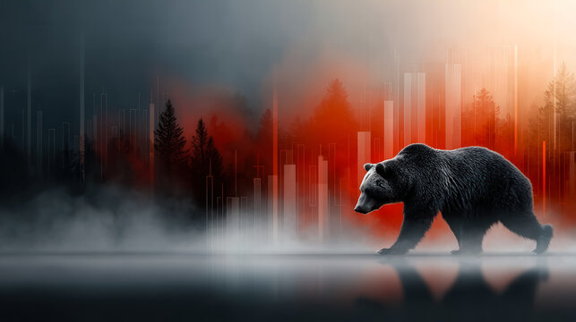 A black bear walks through a misty landscape with a backdrop of red and gray financial graphs. The scene symbolizes market trends and economic analysis.