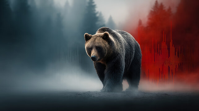 A powerful brown bear walks through a misty forest. The background features a gradient of dark blue and red, symbolizing market trends and economic fluctuations.