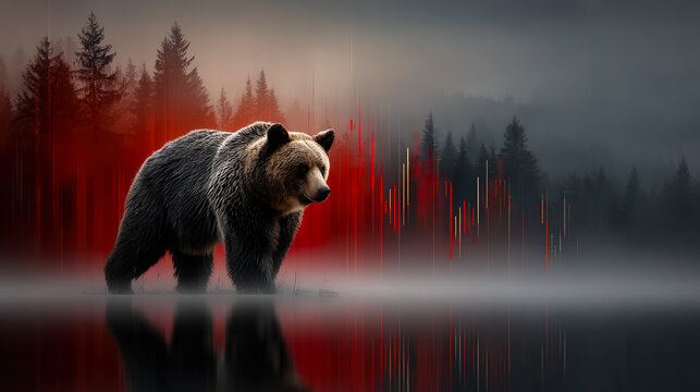 A large brown bear stands in a misty forest with red and black background. The scene symbolizes market trends and financial analysis.