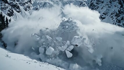 Massive avalanche crashes down mountain, powerful snow surge engulfs landscape, winter phenomenon amid serene alpine scenery