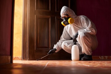 Exterminator in protective suit spraying insecticide for pest control and home fumigation service