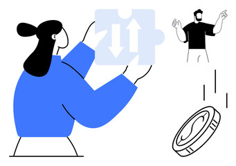 Woman holding puzzle piece with arrows, man gesturing in discussion, and falling coin symbolizing decision-making, teamwork, problem-solving, innovation, strategy, leadership, minimalistic flat