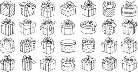 Hand-drawn Outline Gift Boxes Collection - Variety of Presents with Bows and Ribbons for Holidays and Celebrations