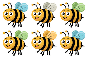 Fototapeta premium Six cheerful cartoon bees with colorful wings smiling and ready to fly