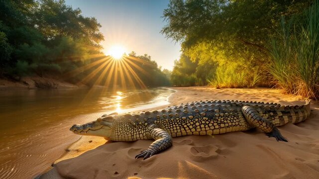 A large saltwater crocodile rests comfortably on a sandy riverbank, enjoying the warmth of the sun rising over the tranquil waters. The scene captures nature's beauty at sunrise