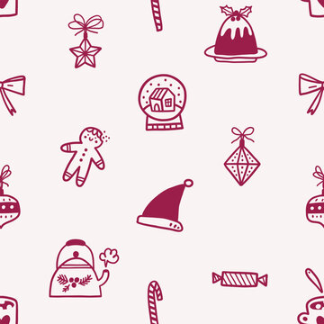 Hand drawn seamless pattern with traditional Christmas elements. Vintage style. 