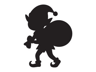 Obraz premium Black silhouette of christmas elf carrying large sack, isolated on white background. concept of holiday, festive season, santa's helper, magical creature, winter decor, cutout design.