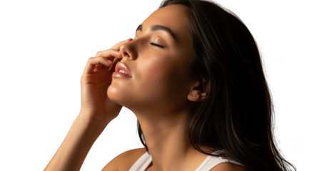 Young woman covering her nose with hand isolated on transparent background