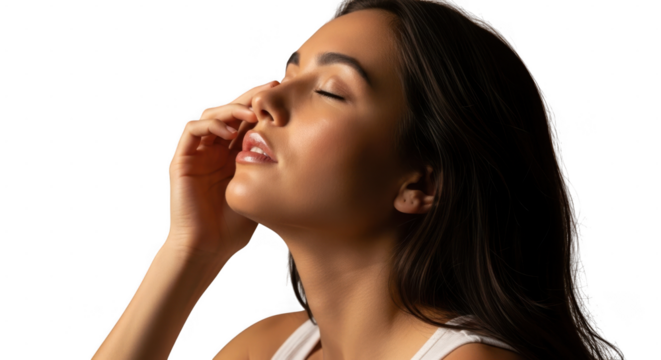Young woman covering her nose with hand isolated on transparent background