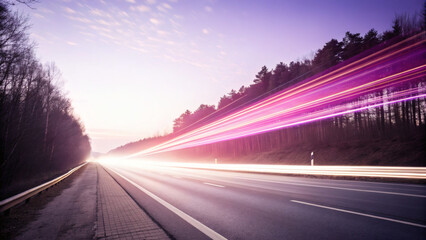 A mesmerizing view of a highway at dusk, with vibrant light trails painting the sky, creating a sense of speed and motion amidst the tranquil landscape