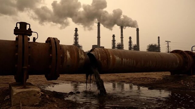 Large rusty pipe discharging pollutants into water, industrial chimneys in background, polluted environment