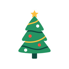Vector illustration of green Christmas tree with yellow garlands, red and white ornaments, and yellow star on top, isolated on white background. Festive holiday design in flat style. Cute icon.