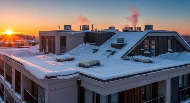 Modern apartment building roofscape with heavy snow cover at sunset. Winter city view with warm light and smoking chimneys.