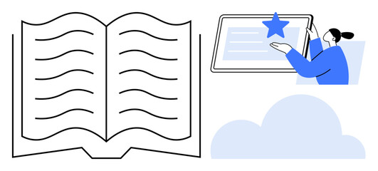Open book alongside a person interacting with a digital tablet featuring a star icon, with a cloud element in the background. Ideal for education, learning, online study, digital transition